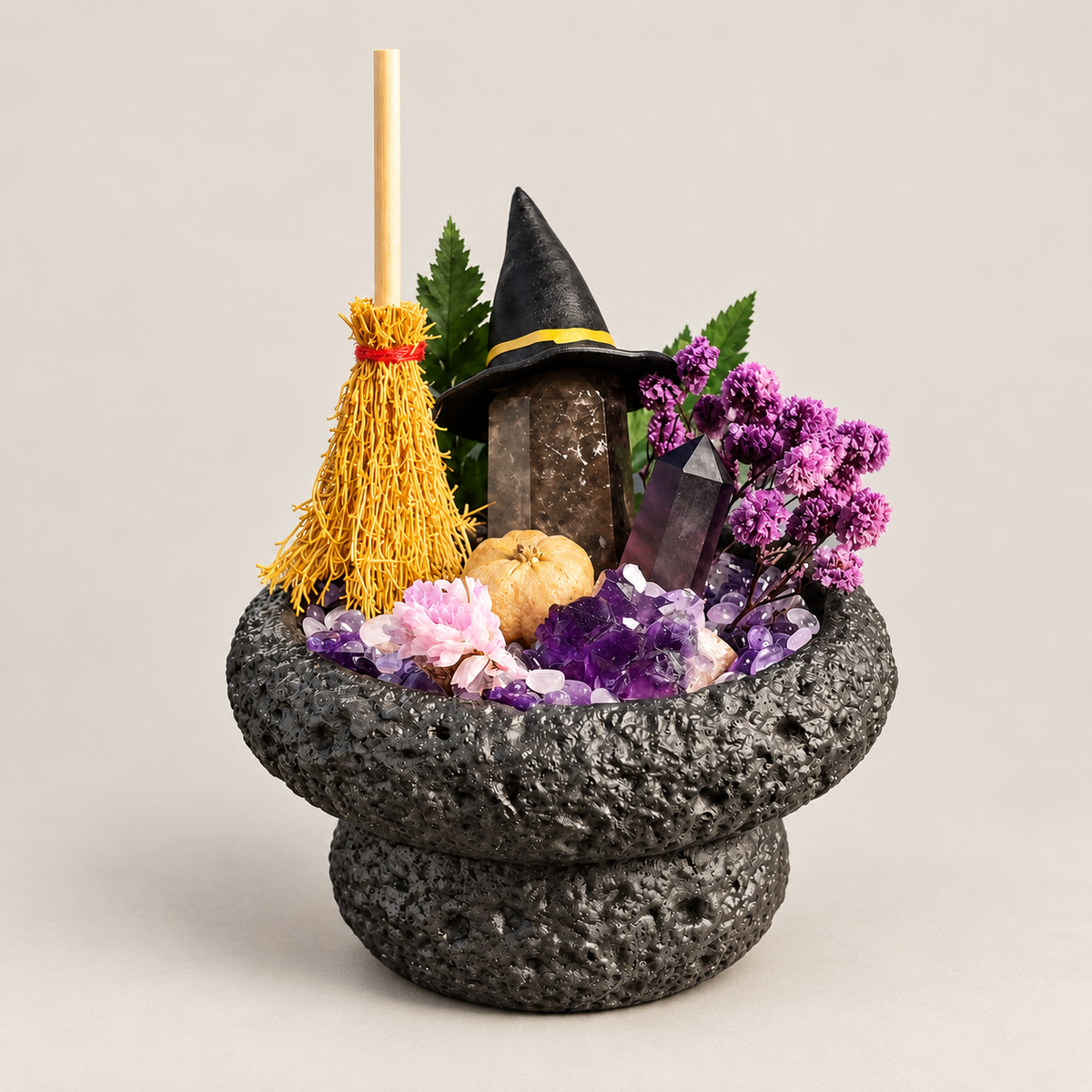 Witchy Crystal Garden – Mini Broom & Pumpkin Decor