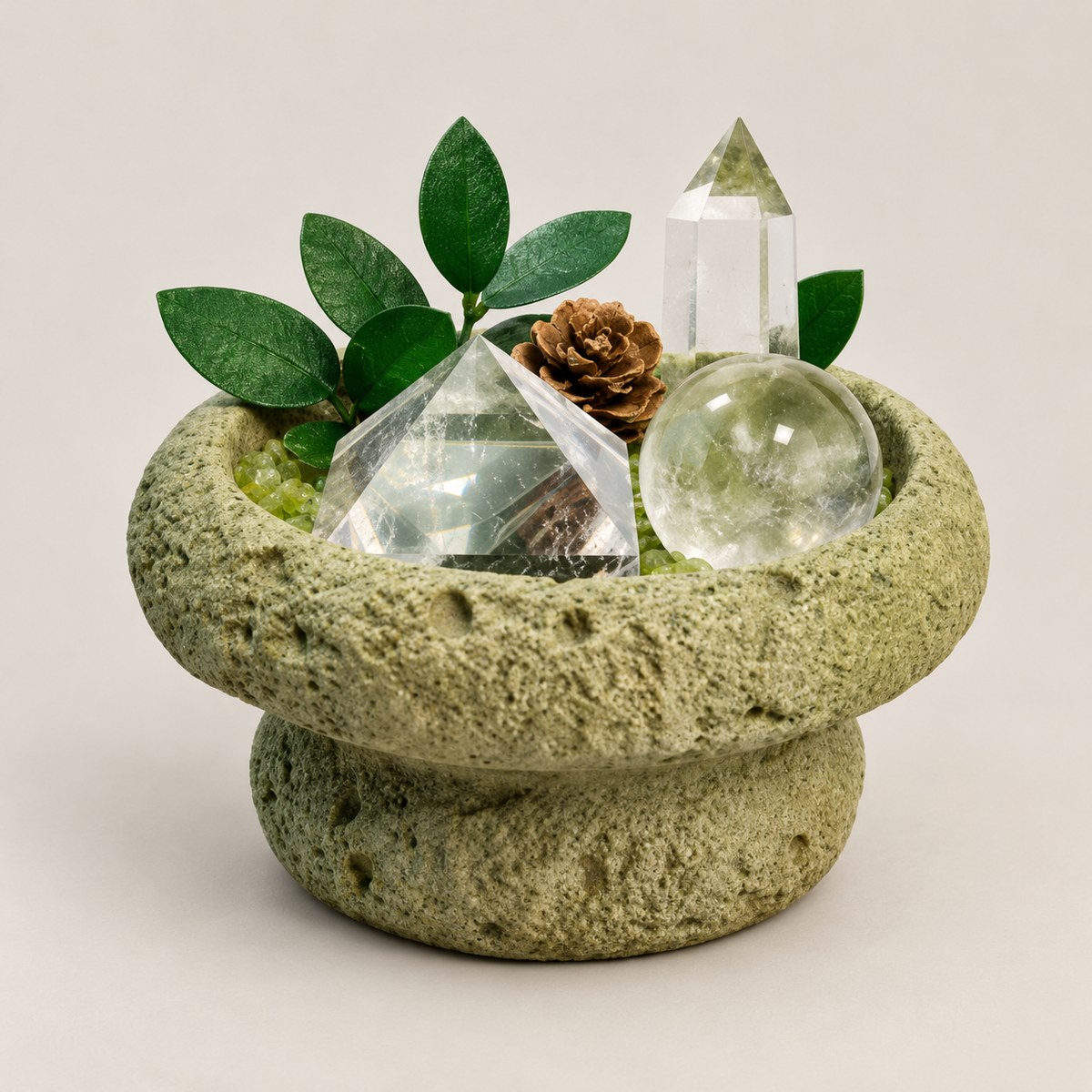 Peridot & Clear Quartz Garden – Pyramid, Sphere & Point