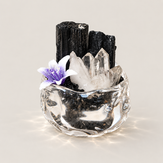 Black Tourmaline & Clear Quartz Garden – Mini Glass Bowl Decor