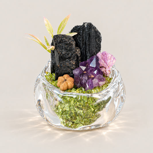 Black Tourmaline & Amethyst Garden – Mini Peridot Glass Bowl Decor