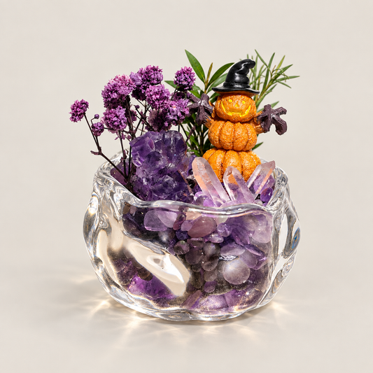 Amethyst & Clear Quartz Pumpkin Garden – Mini Halloween Decor
