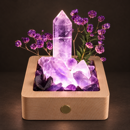 Rechargeable Amethyst Crystal Garden Night Light – Wooden Base & Dried Flowers