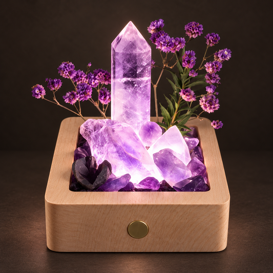Rechargeable Amethyst Crystal Garden Night Light – Wooden Base & Dried Flowers
