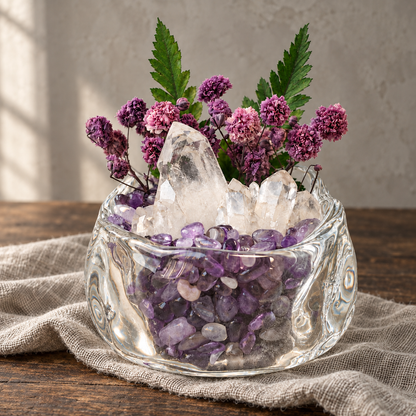 Clear Quartz Crystal Garden – Purple Flowers & Glass Bowl