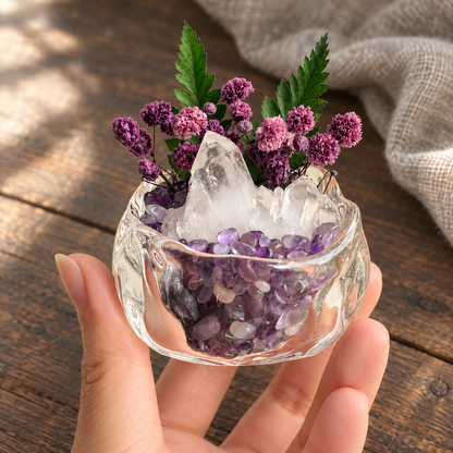 Clear Quartz Crystal Garden – Purple Flowers & Glass Bowl