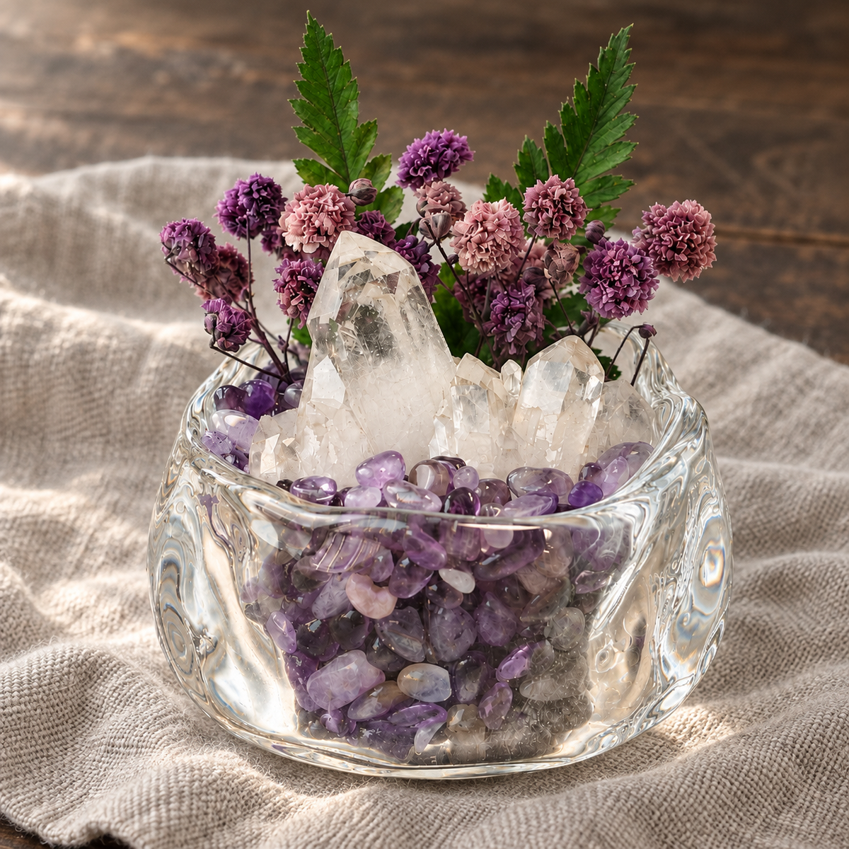 Clear Quartz Crystal Garden – Purple Flowers & Glass Bowl