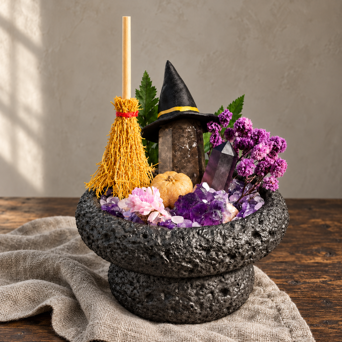 Witchy Crystal Garden – Mini Broom & Pumpkin Decor