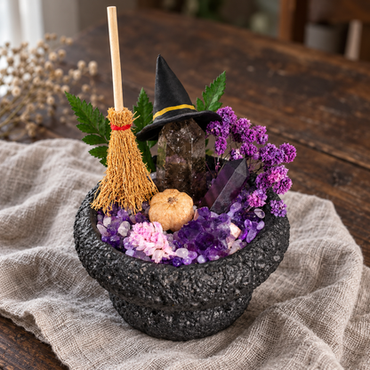Witchy Crystal Garden – Mini Broom & Pumpkin Decor