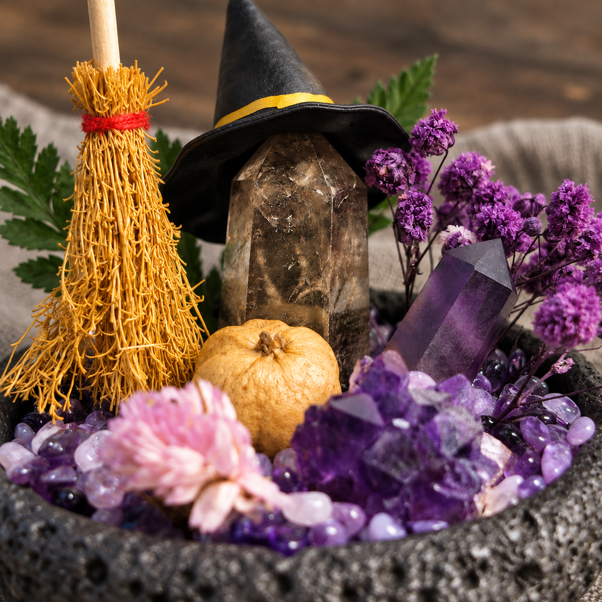 Witchy Crystal Garden – Mini Broom & Pumpkin Decor