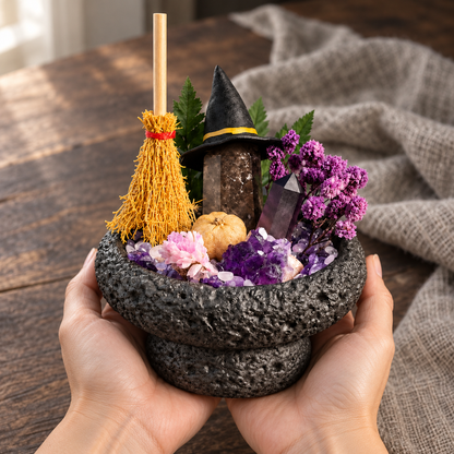 Witchy Crystal Garden – Mini Broom & Pumpkin Decor