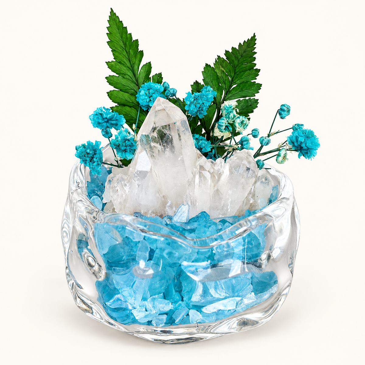 Aquamarine & Clear Quartz Crystal Garden – Blue Flowers & Glass Bowl