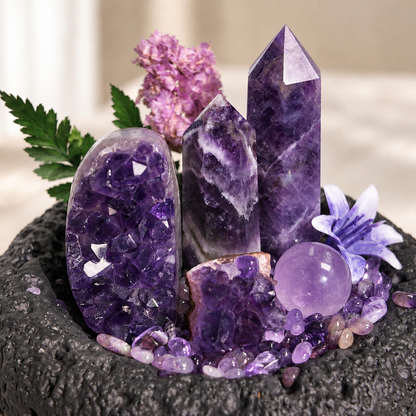 Close-up of amethyst geode, sphere, towers and purple crystal chips