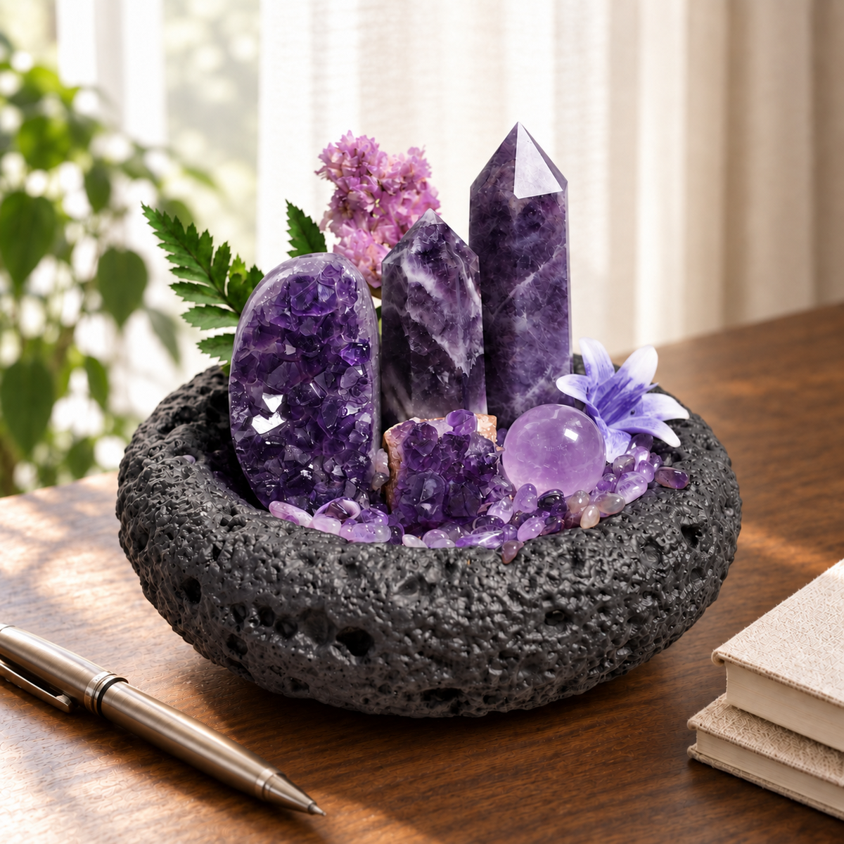 Amethyst crystal garden in black textured bowl displayed on a desk