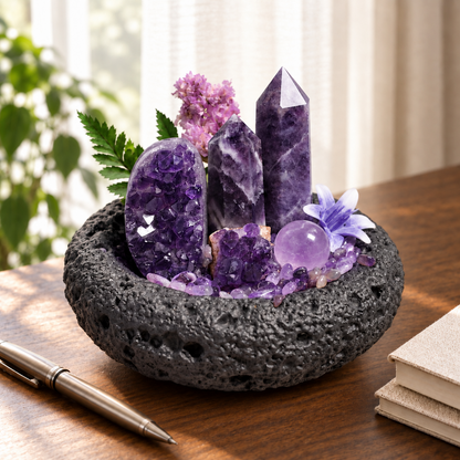 Amethyst crystal garden in black textured bowl displayed on a desk
