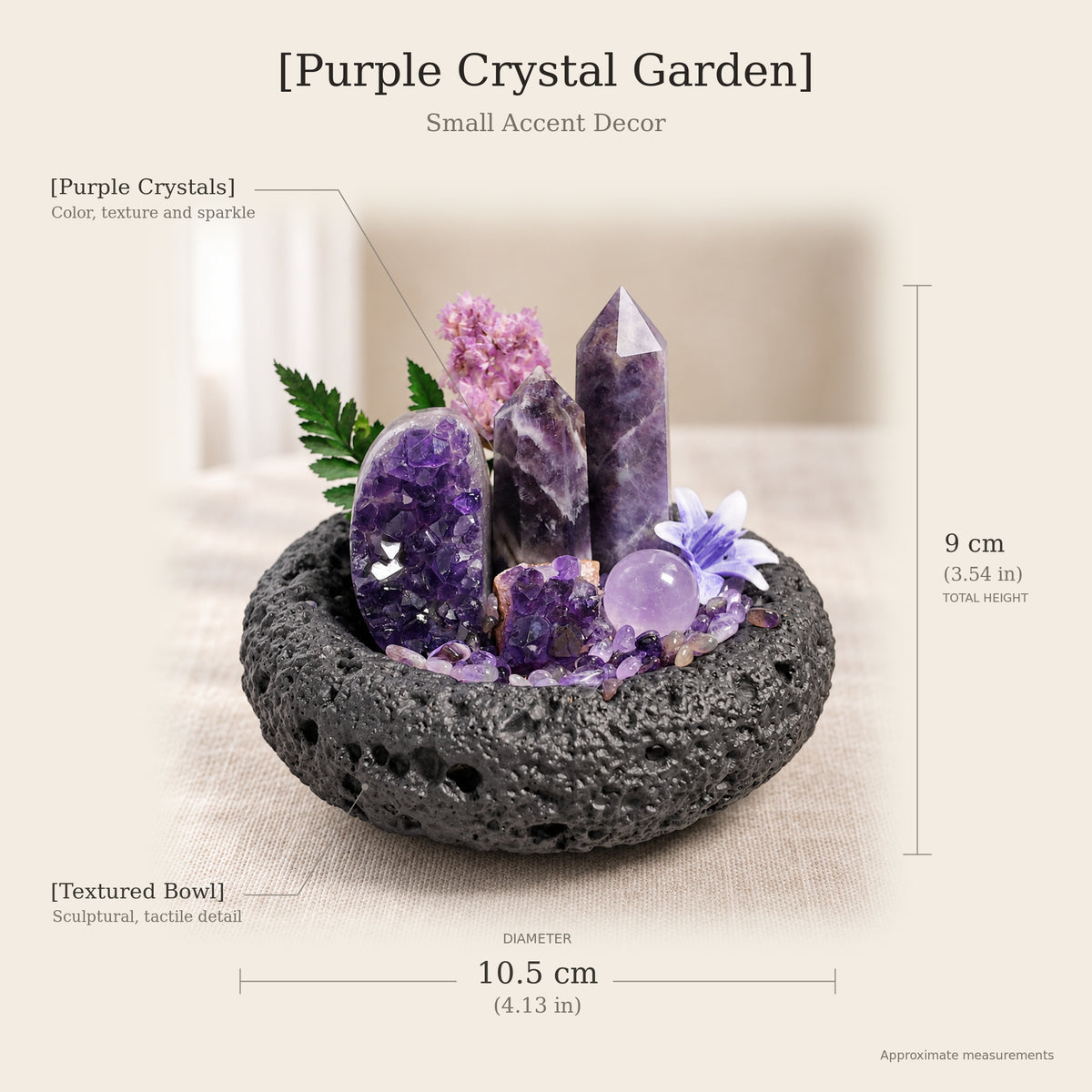 Amethyst crystal garden size guide: approximately 10.5 cm bowl diameter and 9 cm assembled height