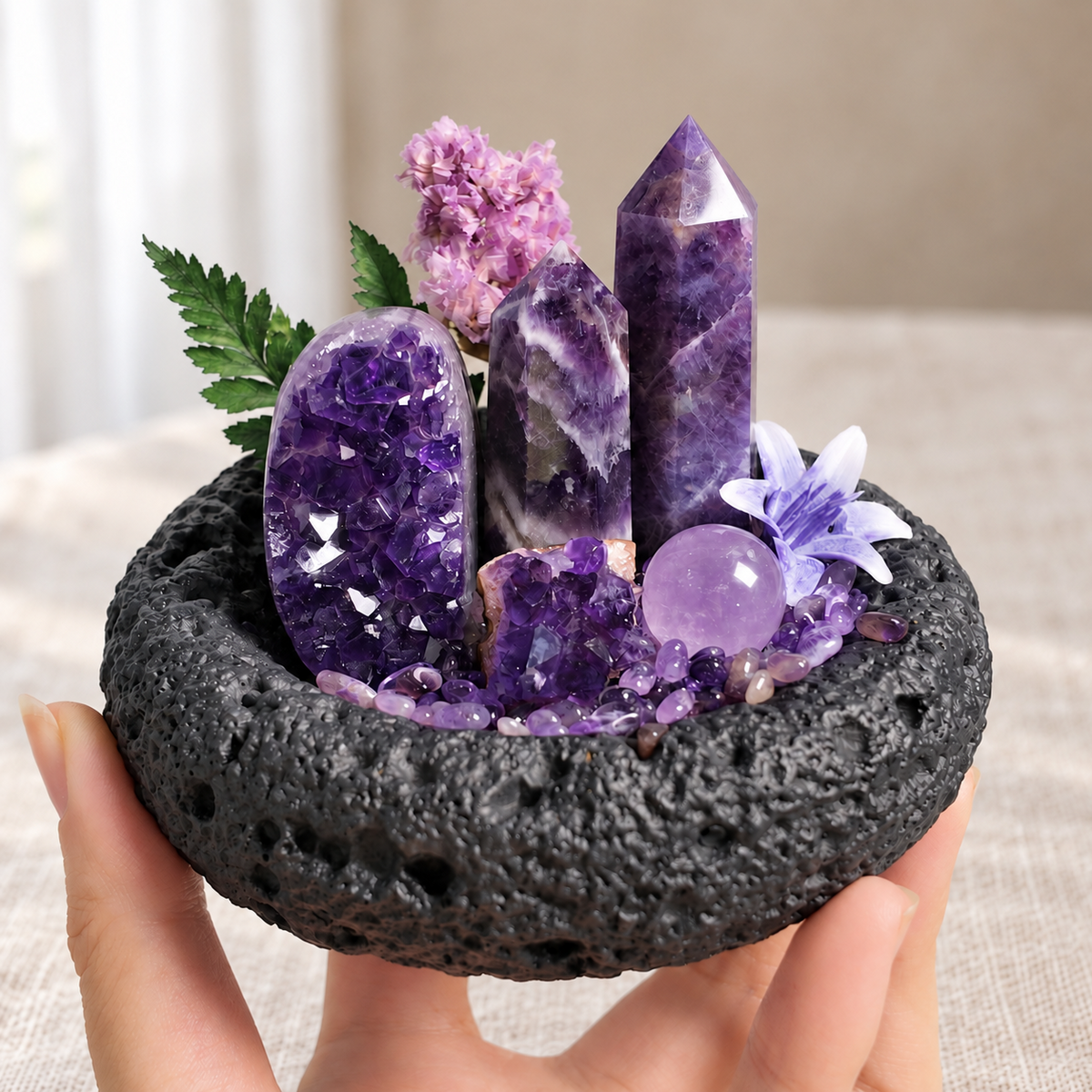 Black bowl amethyst crystal garden held in one hand to show scale