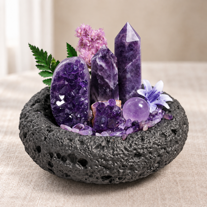Amethyst geode, sphere and towers with flowers and fern accents in a black textured bowl