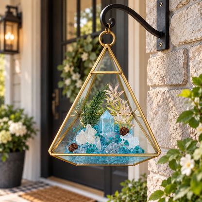 Aquamarine & Clear Quartz Crystal Terrarium – Gold Geometric Hanging Decor