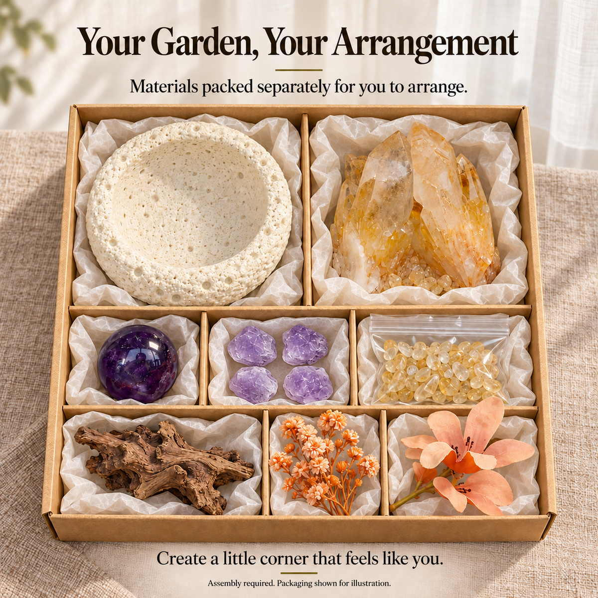 Bowl and crystal garden components packed separately for self assembly