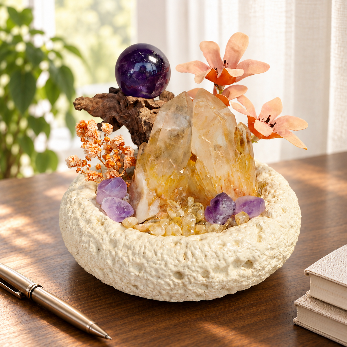 Citrine and amethyst crystal garden displayed on a wooden desk beside a journal