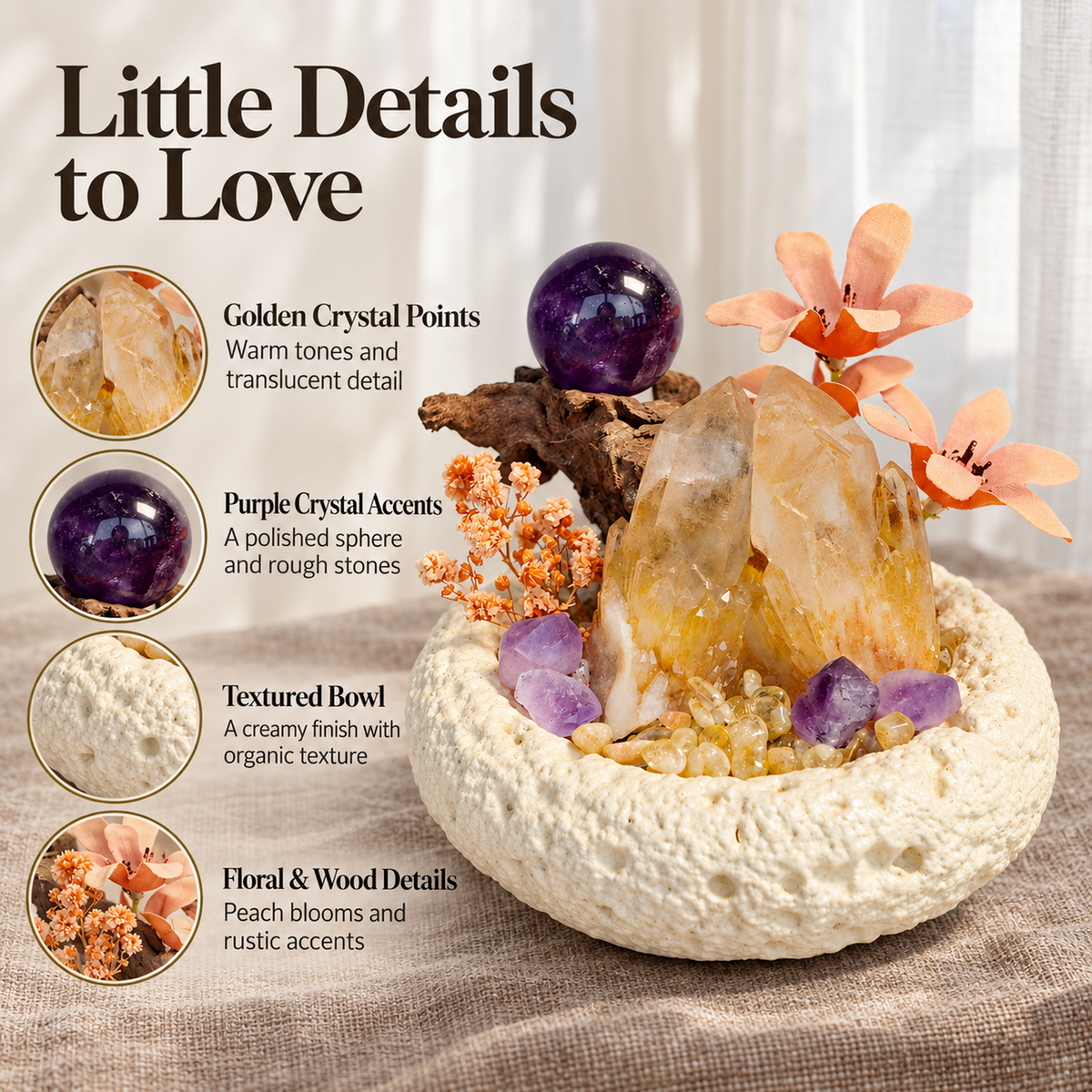 Product details showing golden crystal points, purple crystal accents, textured bowl, flowers and wood