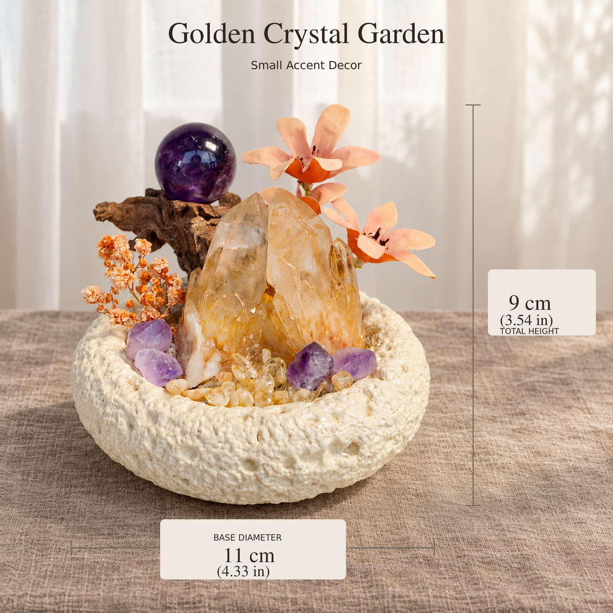Crystal garden size guide: approximately 11 cm base diameter and 9 cm arranged height