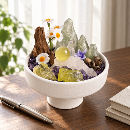 Daisy crystal garden displayed on a desk beside a window