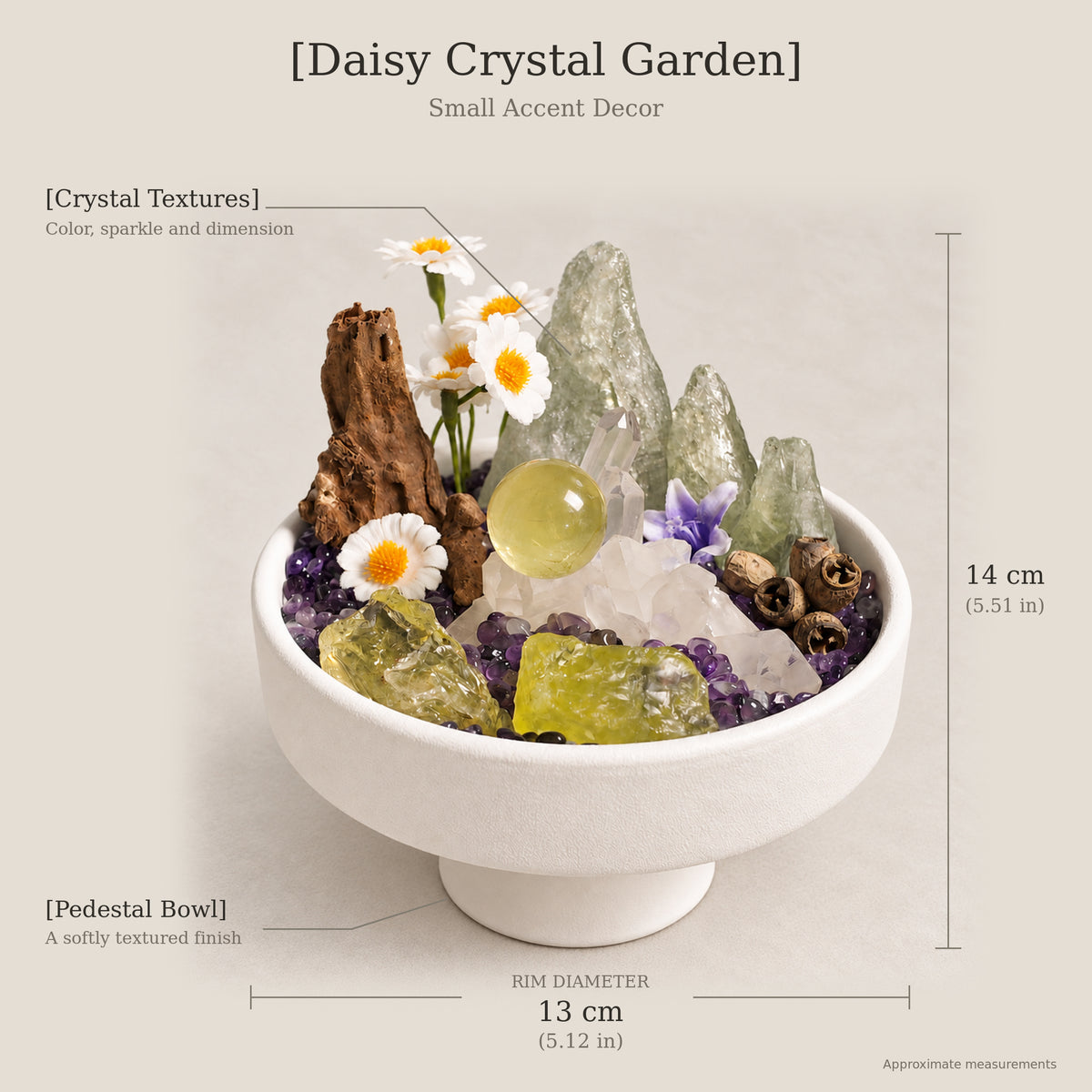 Daisy crystal garden size guide: approximately 13 cm bowl diameter and 14 cm assembled height