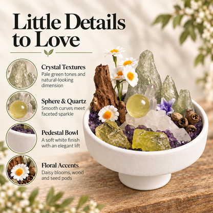 Daisy crystal garden details: mountain forms, sphere, quartz, white pedestal bowl and woodland accents