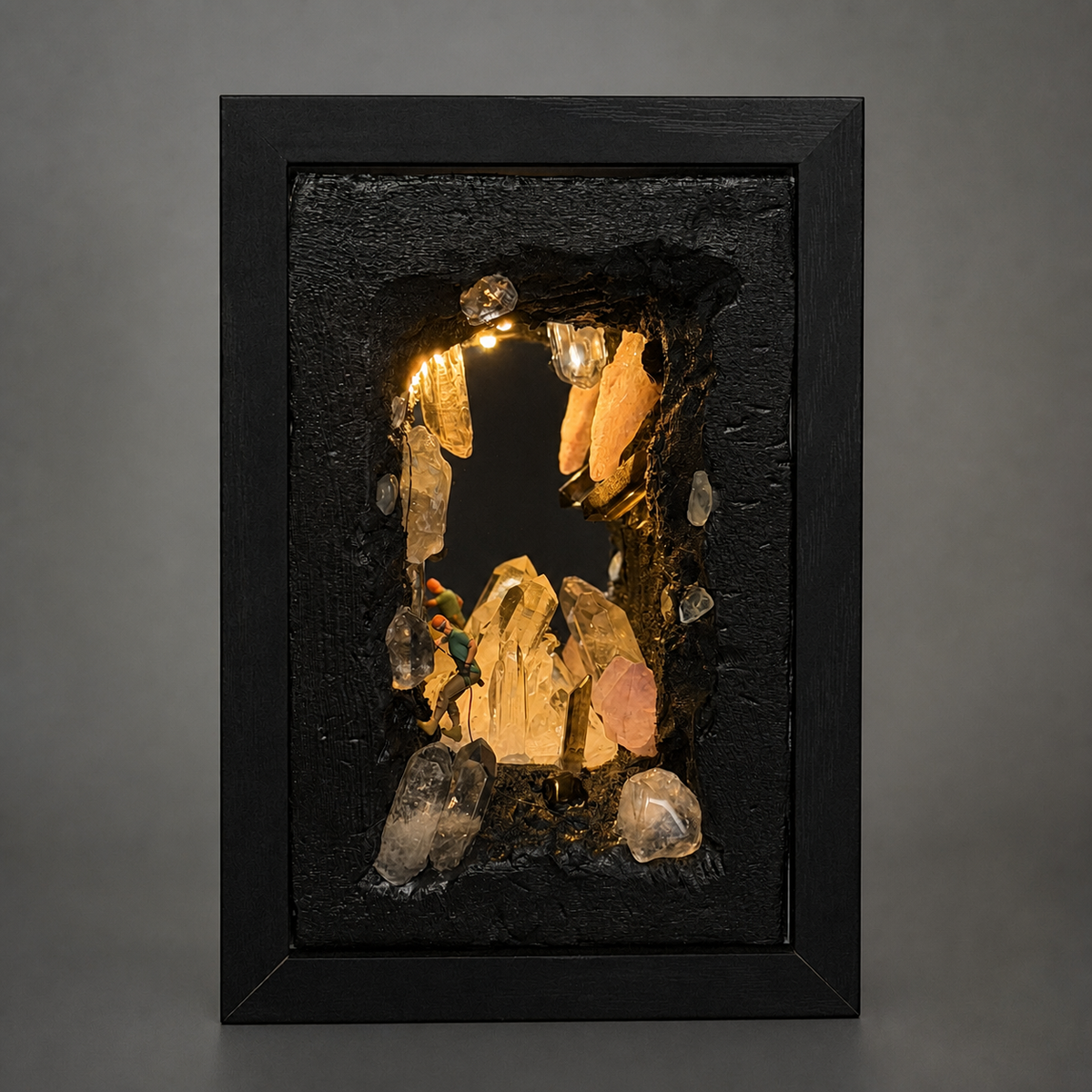 Rock Climber Crystal Cave Night Light with miniature climber and natural crystals