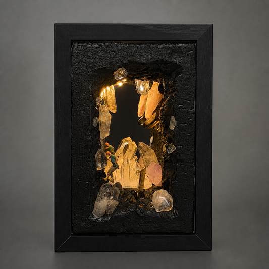 Rock Climber Crystal Cave Night Light with miniature climber and natural crystals