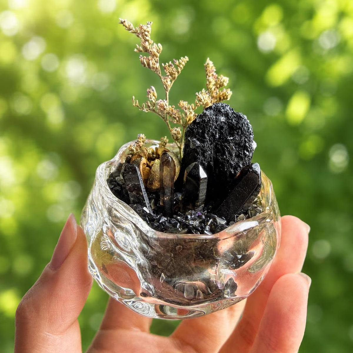 Black Tourmaline & Smoky Quartz Garden – Dark Crystal Decor