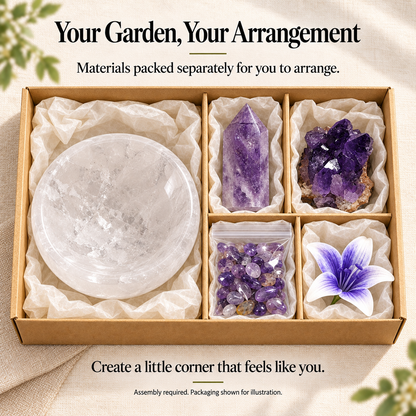 Separately packed clear quartz bowl, amethyst tower, cluster, decorative stones and floral accent for self arrangement