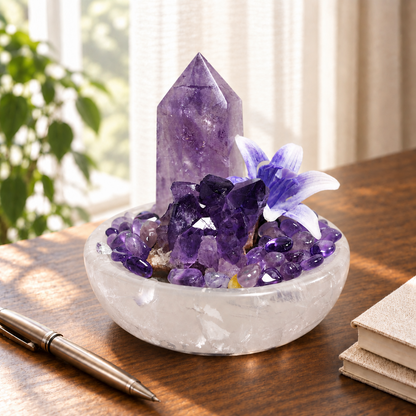 Mini amethyst crystal garden displayed beside a journal on a wooden desk