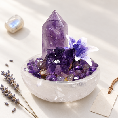 Close view of the amethyst tower, cluster and purple decorative stones in a clear quartz bowl