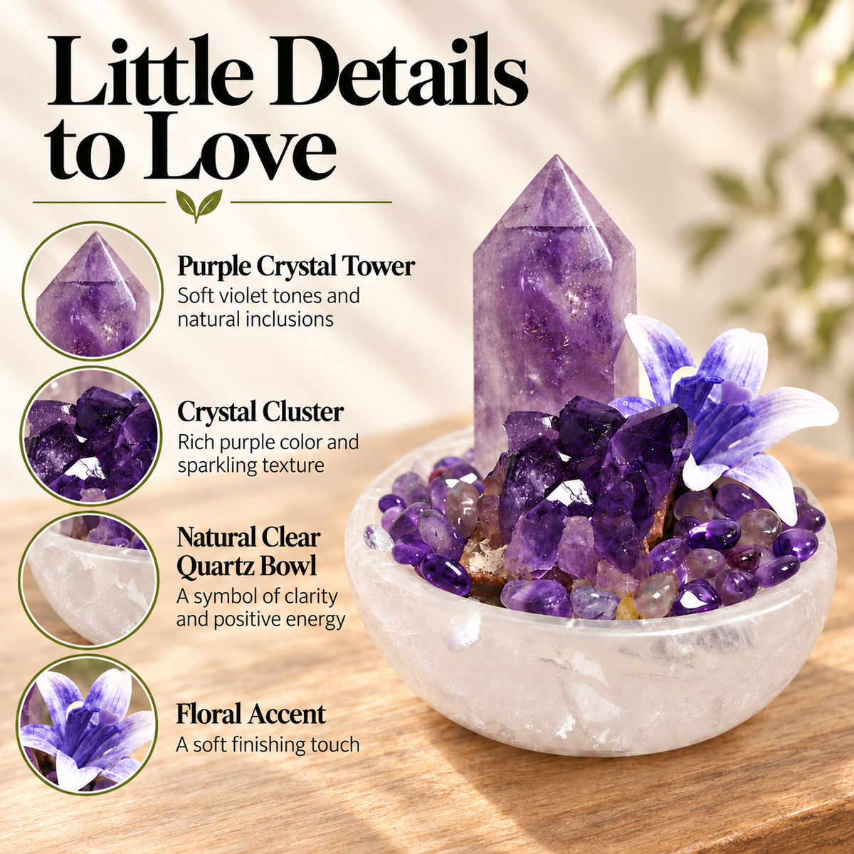 Product details showing the purple crystal tower, cluster, clear quartz bowl and floral accent