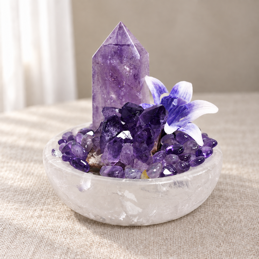 Amethyst tower and cluster with a purple flower in a natural clear quartz bowl
