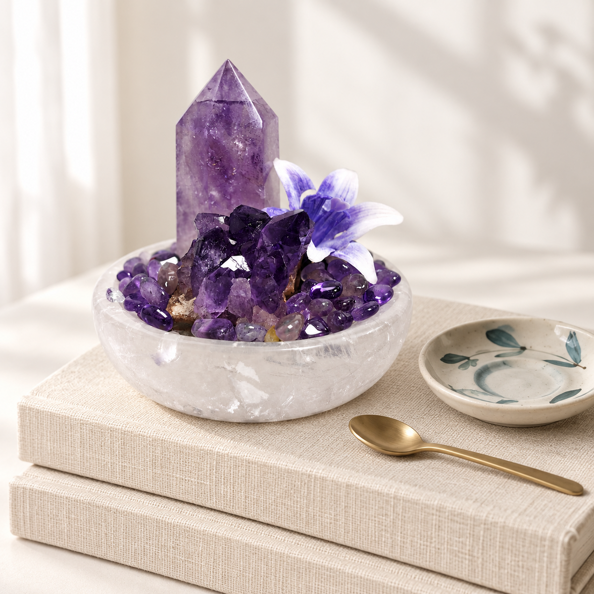 Amethyst and clear quartz miniature garden displayed on books