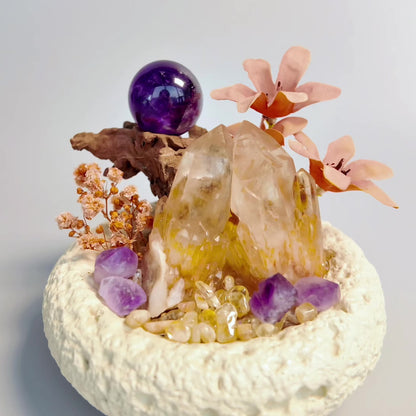 Citrine & Amethyst Sphere Garden – Cream Textured Bowl