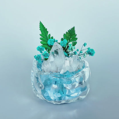 Aquamarine & Clear Quartz Crystal Garden – Blue Flowers & Glass Bowl