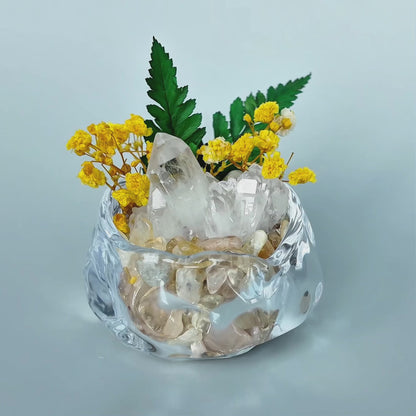 Clear Quartz Crystal Garden – Yellow Flowers & Sculptural Glass Bowl