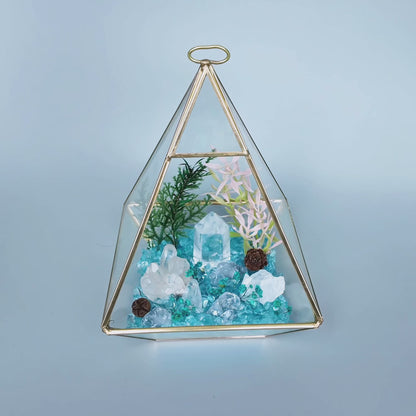 Aquamarine & Clear Quartz Crystal Terrarium – Gold Geometric Hanging Decor