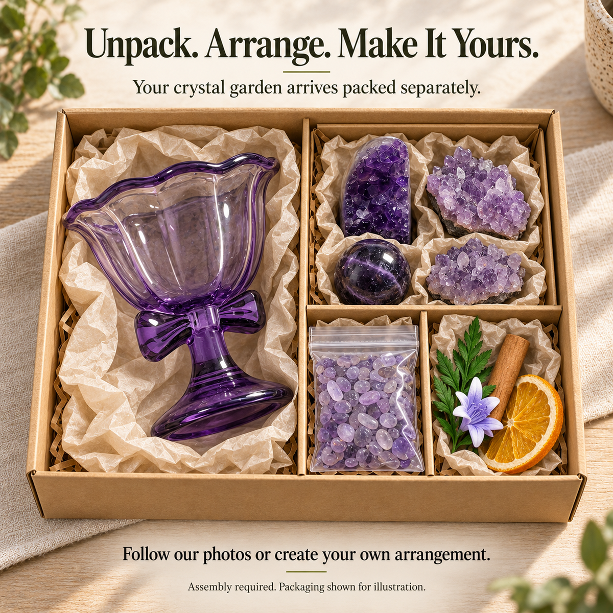 Crystal garden components arrive separately packed for you to arrange