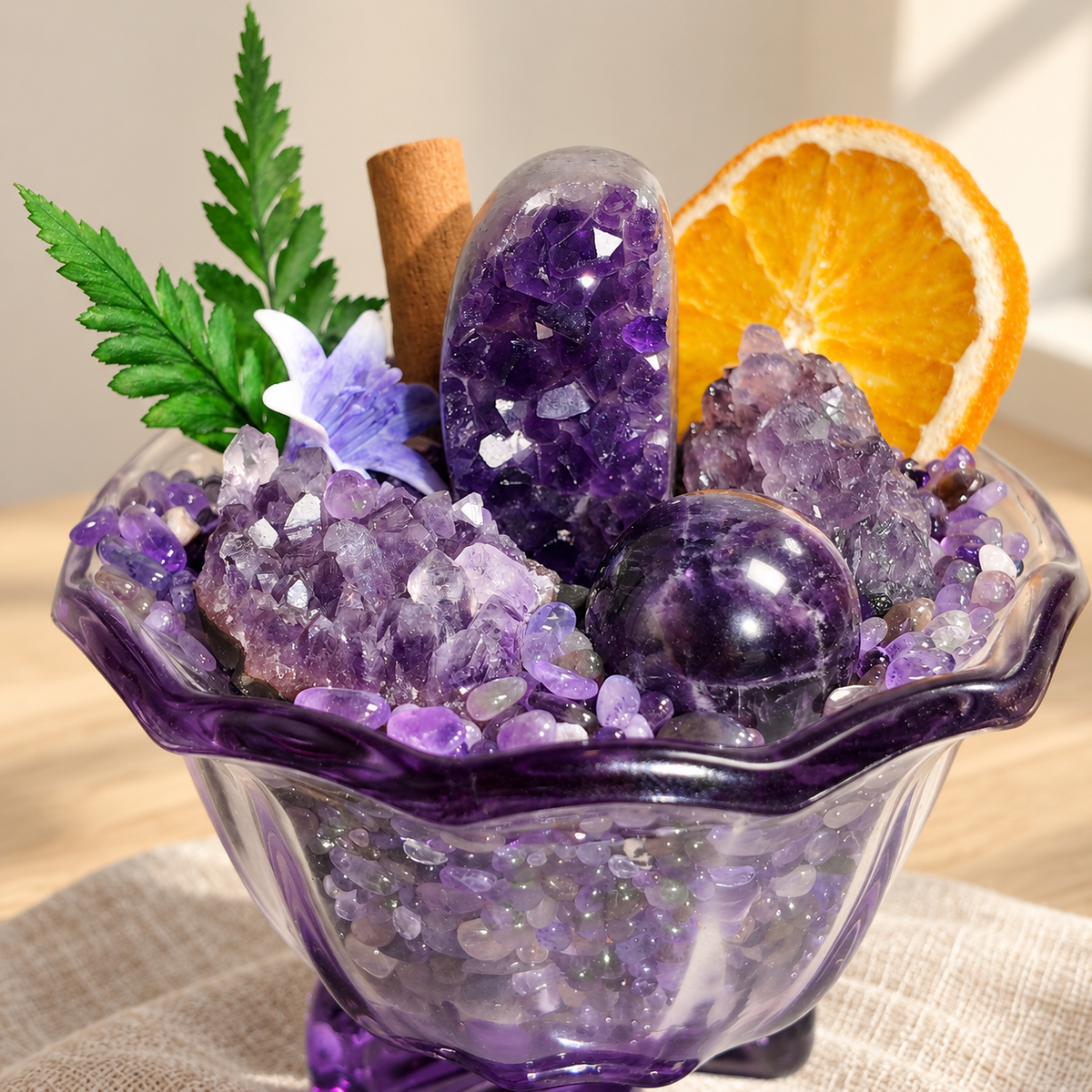 Close-up of purple druzy centerpiece, crystal clusters, sphere and botanical accents