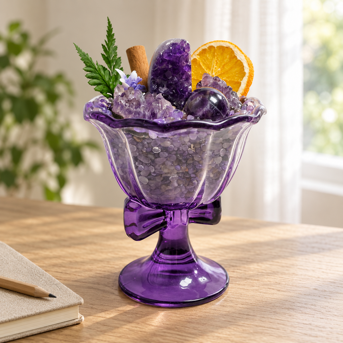Bow-accented glass pedestal crystal garden displayed on a desk