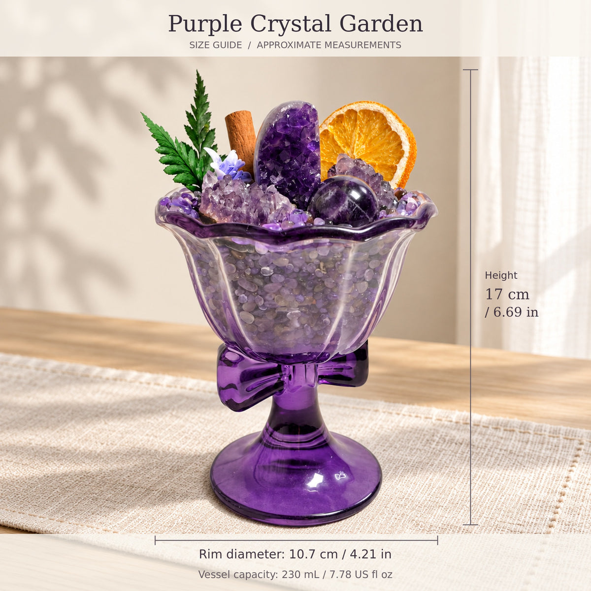 Purple crystal garden size guide: bowl diameter 10.7 cm and assembled height approximately 17 cm