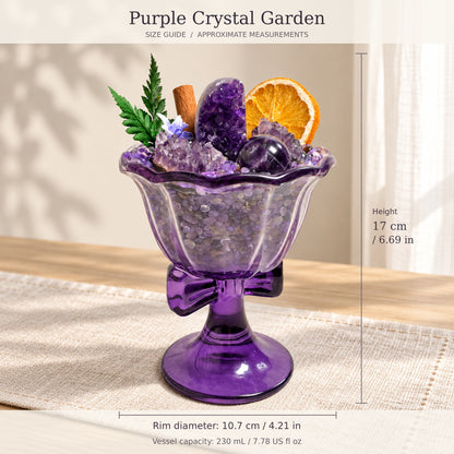 Purple crystal garden size guide: bowl diameter 10.7 cm and assembled height approximately 17 cm
