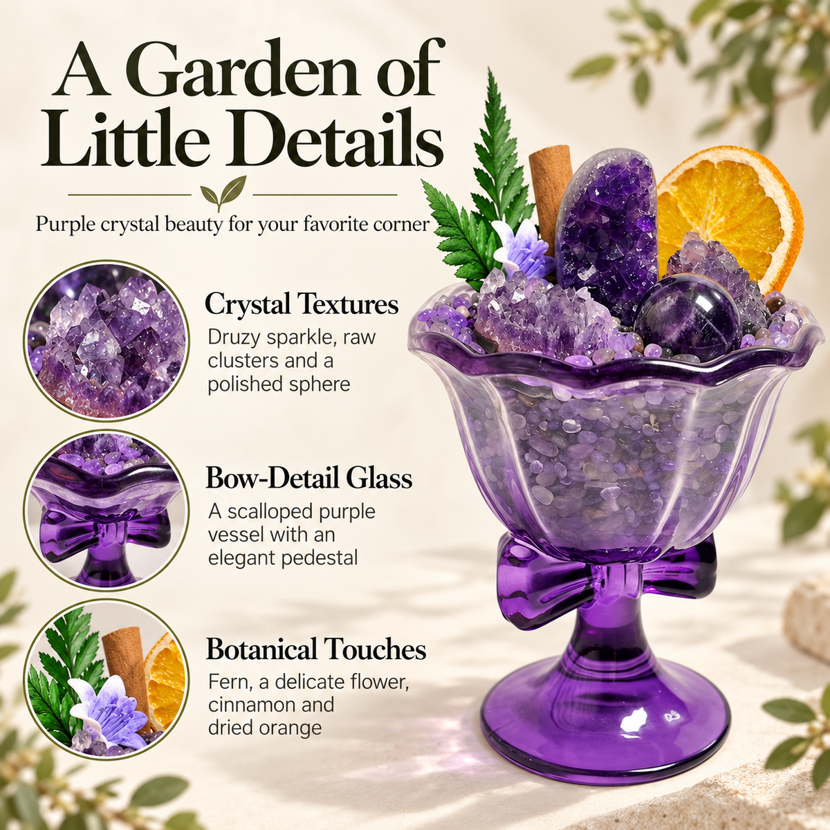 Purple crystal textures, bow-detail glass bowl and botanical accents