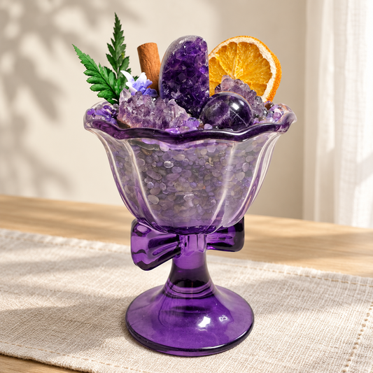 Purple crystal garden in a bow-accented purple glass pedestal bowl