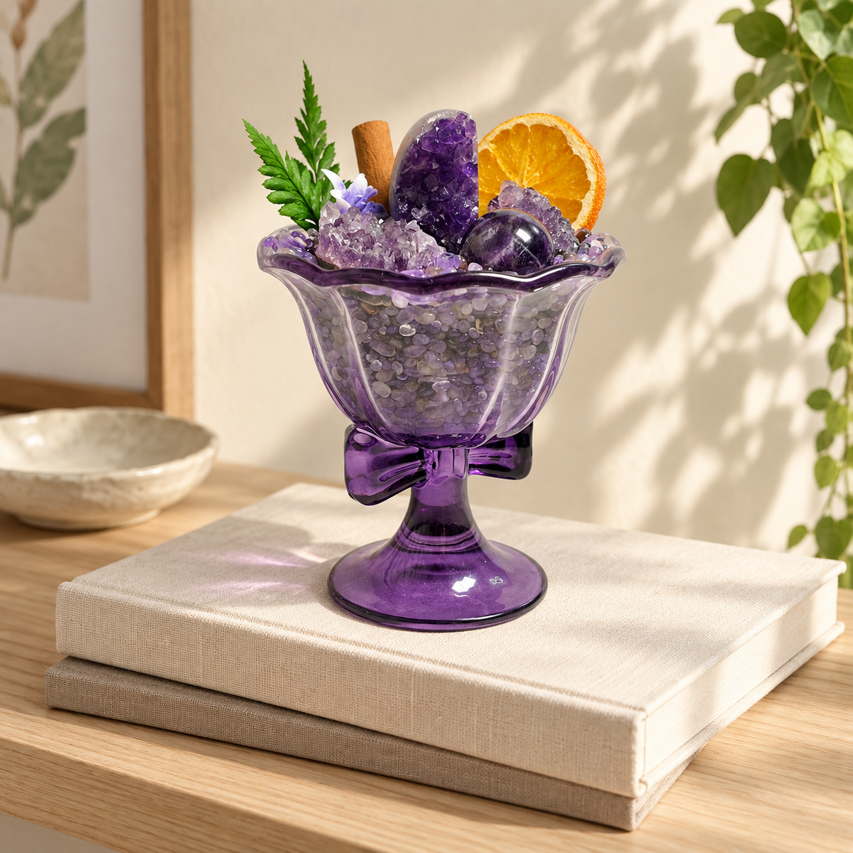 Purple crystal garden displayed on a book beside a window